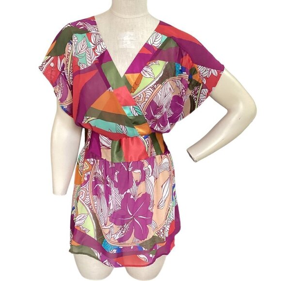 Lane Bryant 14/16 Colorful Floral Short Sleeve Tie Waist Surplice Tunic Top 182J - Picture 1 of 7